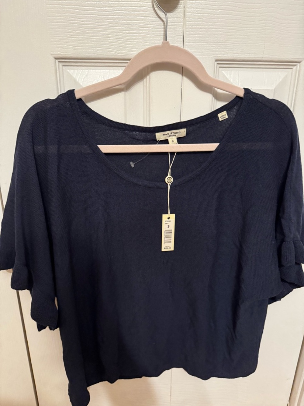 Max Studio Navy Short-Sleeve Knit Top With Ruffle Sleeves NWT Size S